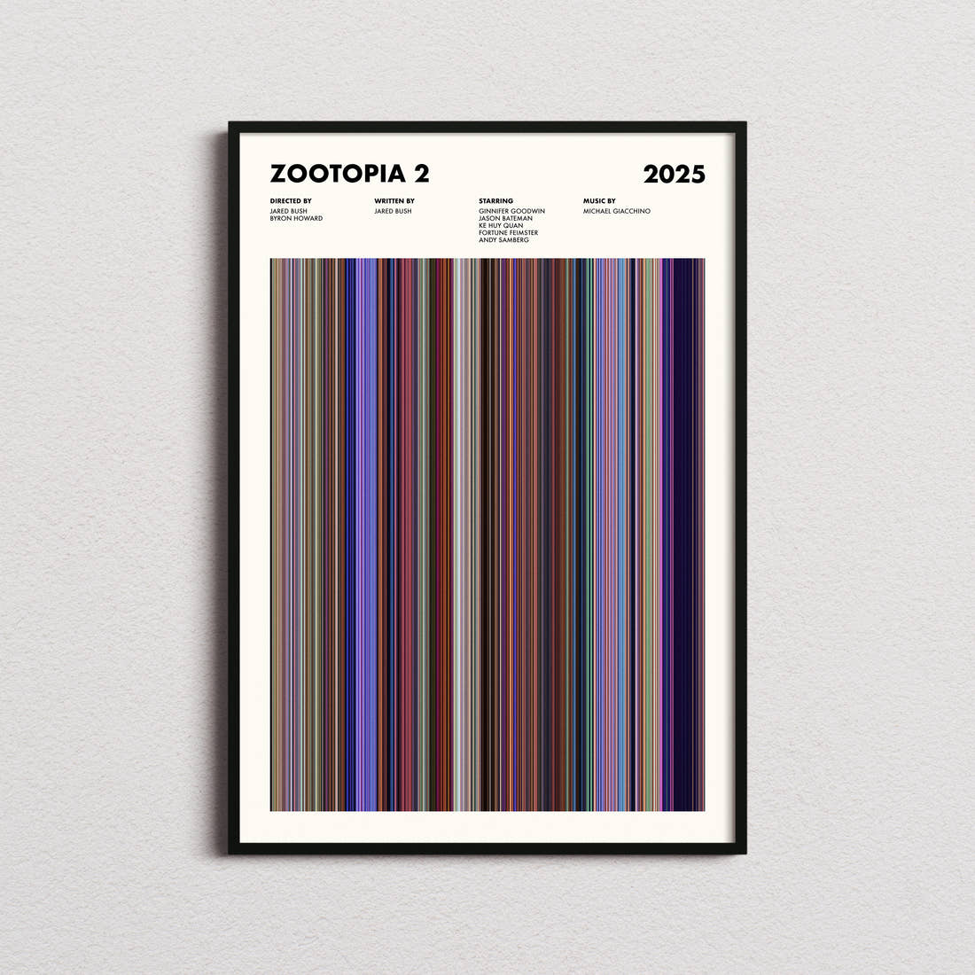Zootopia 2 Movie Barcode Poster framed on a plain studio wall