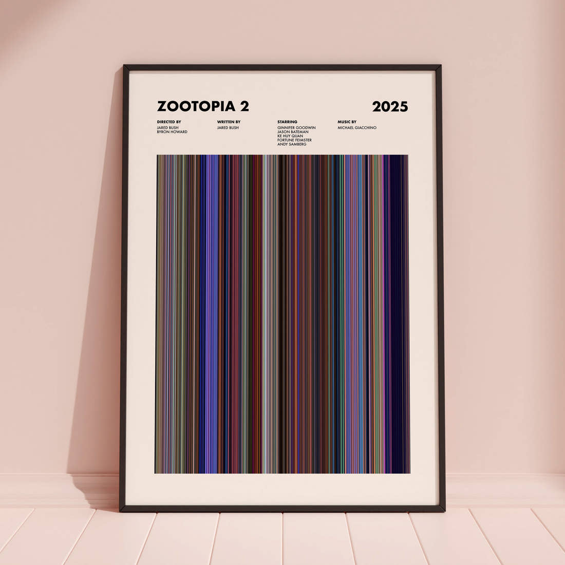 Zootopia 2 Movie Barcode Poster framed and leaning against a coloured wall