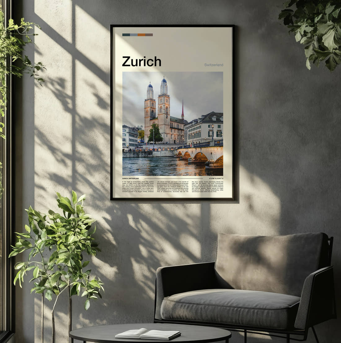 Zurich Grossmünster Twin Towers Travel Print framed on the wall of a relaxed living room